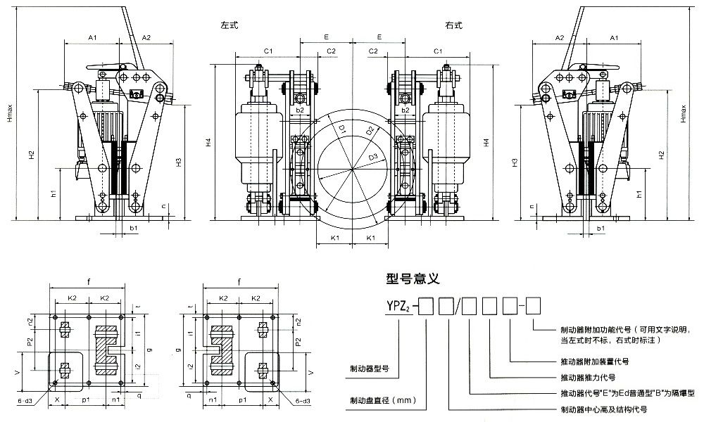 YPZ(2)ⅣⅤⅥ液压臂盘式制动器外形尺寸/型号意义图.jpg